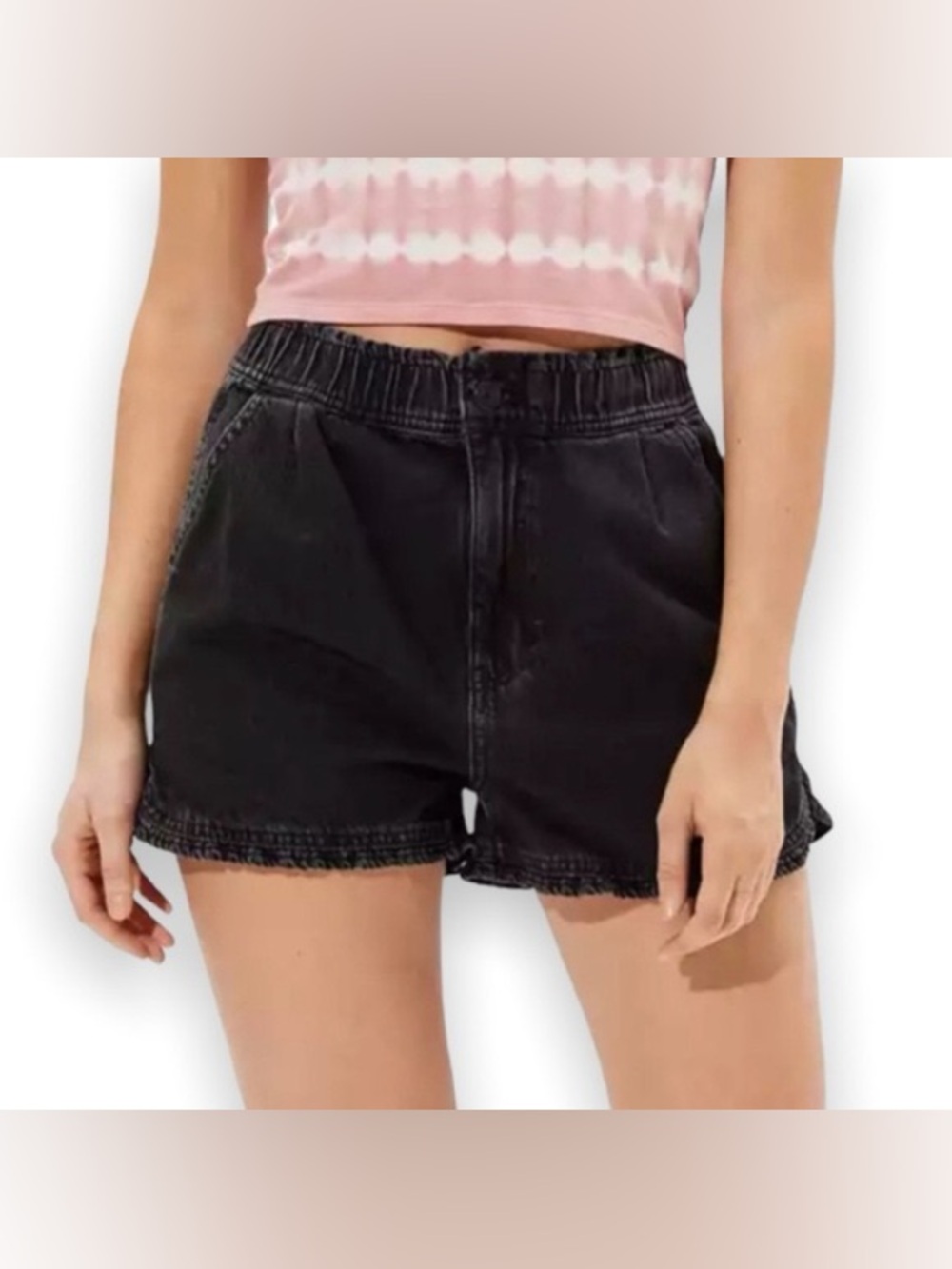 American Eagle Washed Black Denim Mom Shorts High Rise Dolphin Hem Elastic 10